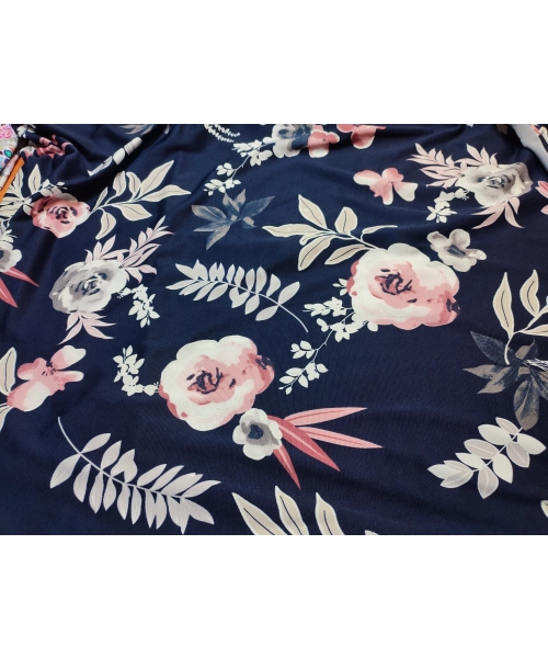 Granatowa elastyczna dzianina Jersey - pudrowe kwiaty - kupon 2,40m